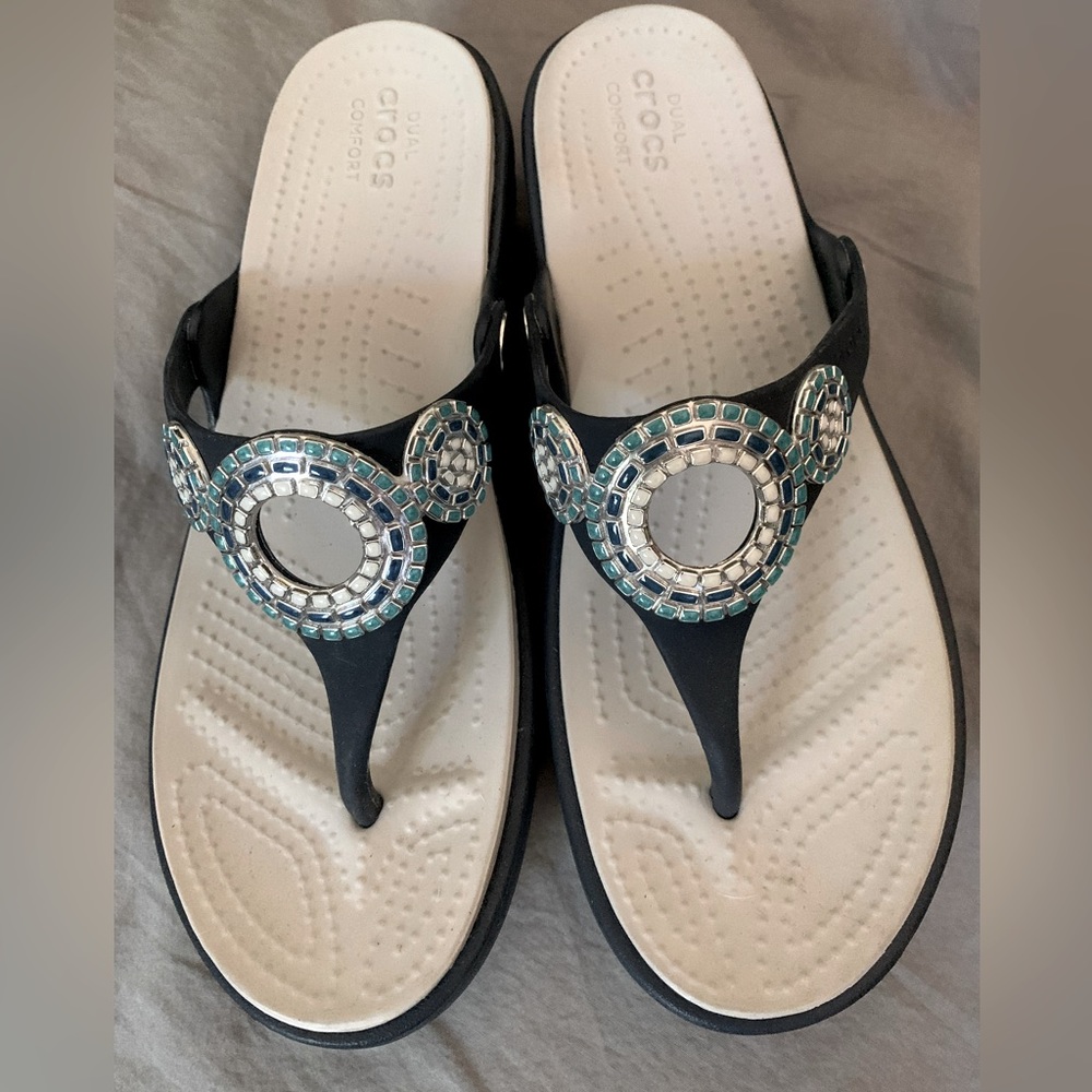 Crocs Sanrah Diamanté Women’s Embellished Blue Flip Flop Sandals